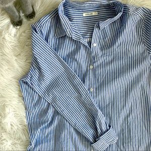 White & Blue Striped Button Down High Low Shirt